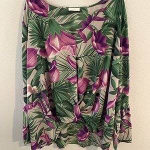 ODDY Blouse 3XL Plus Twist Front Bell Sleeve Purple Green